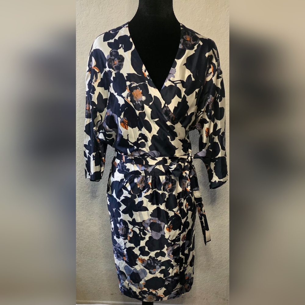Boss Navy and White Floral Long Sleeve Silk Dress